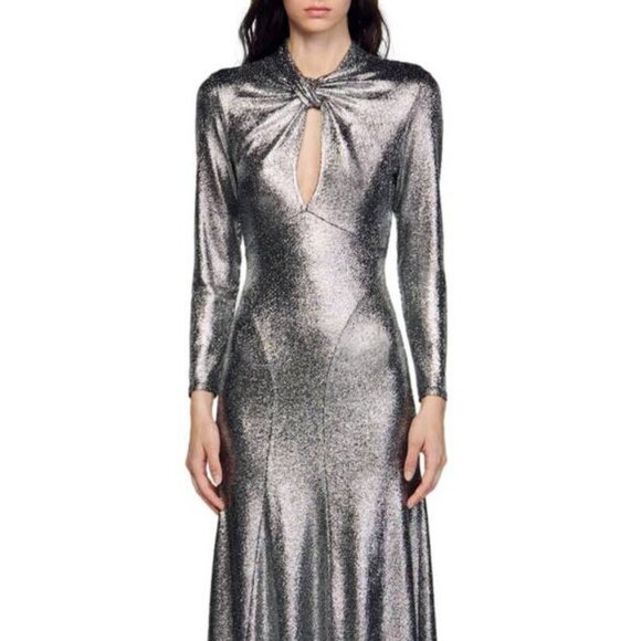 NEW SANDRO Womens Hannah Metallic Keyhole Maxi Dress Silver Size 4 - Picture 1 of 15